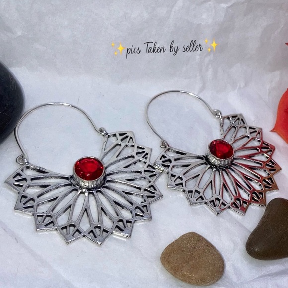 Garnet Gemstone Handmade Winged Goddess Earrings - Picture 2 of 3